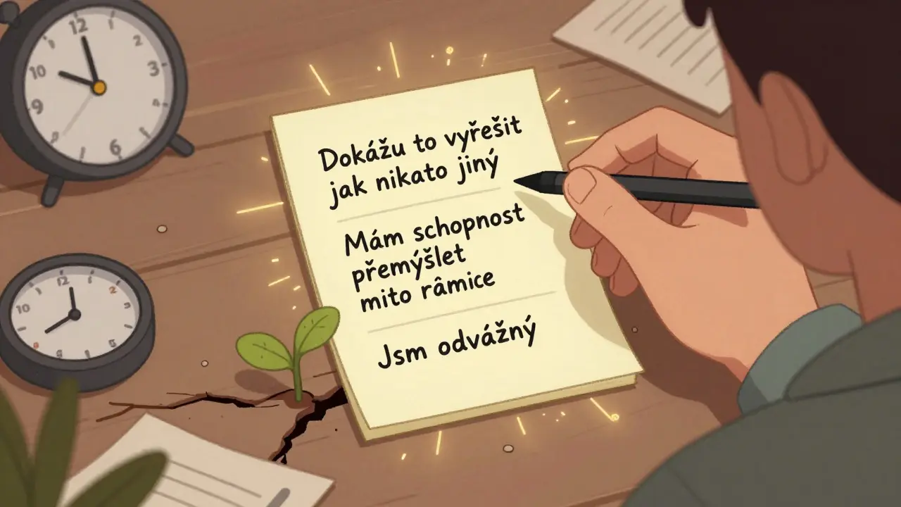 Člověk zapisuje tři své jedinečné schopnosti na nálepky, které září světlem, kolem nich jsou chaotické prvky a rostoucí rostlina.