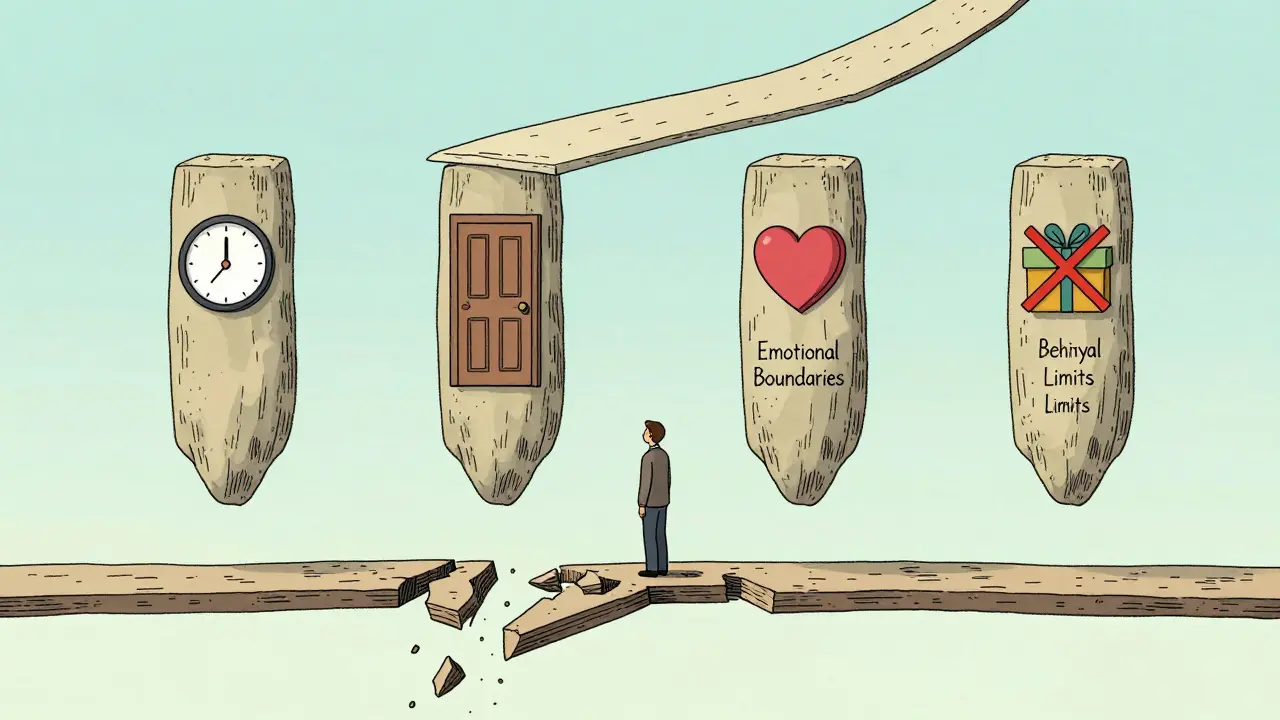 Čtyři pilíře hranic ve formě ikon plavají v klidném nebi nad klientem na mostě.