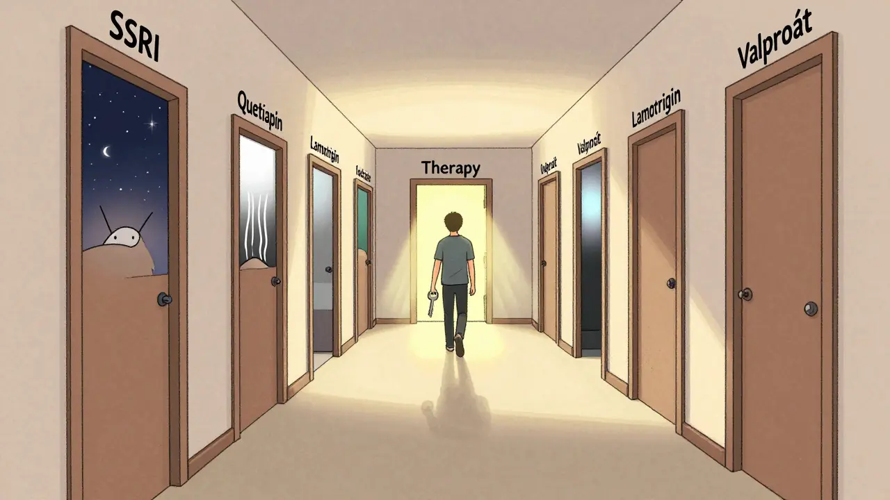 Délavá chodba s dveřmi léků, na konci svítí dveře do terapie, postava jde k nim.