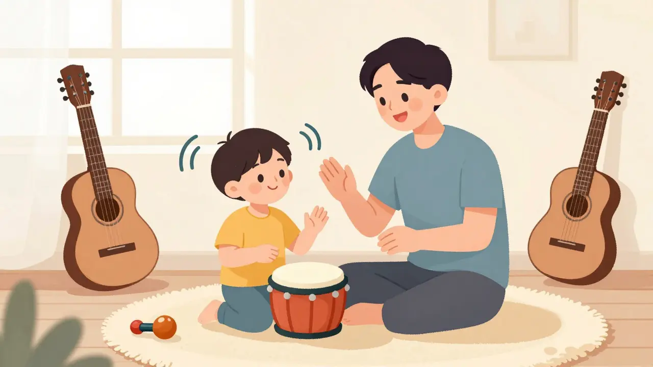 Dítě hraje na buben, rodič se k němu připojuje hudebním zvukem v klidném prostředí.