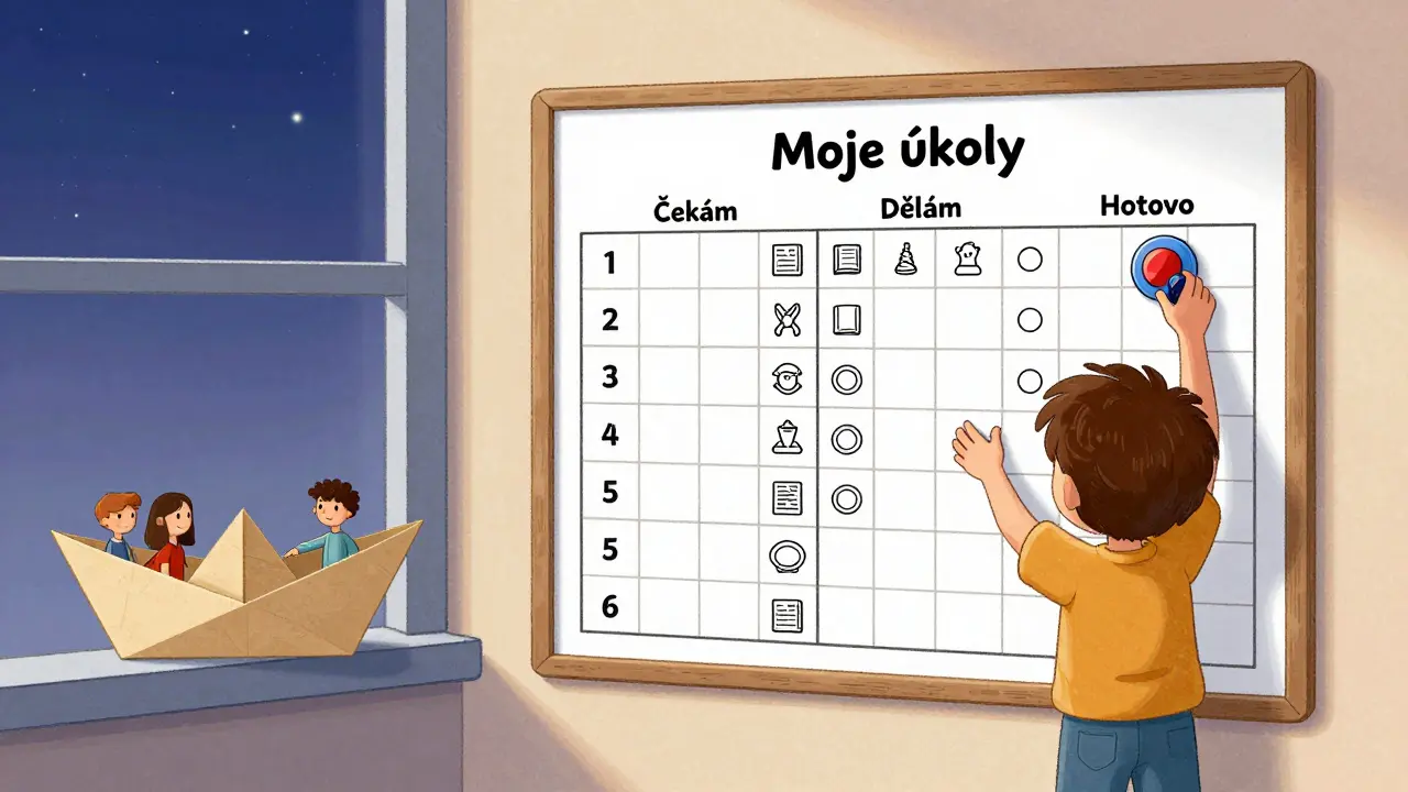 Dítě přesouvá magnet na plánovač úkolů, zatímco papírová loď plnění posádkou symbolizuje postup k odměně.
