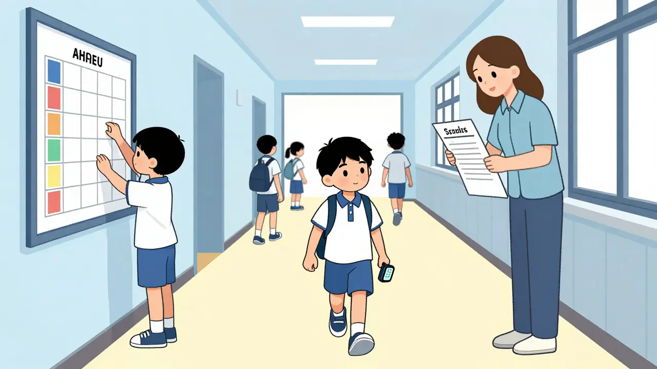 Dítě s ADHD si během přestávky kontroluje časový tajmer ve školní chodbě.