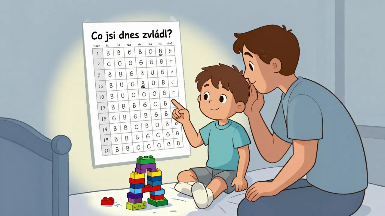 Dítě s hrdostí ukazuje na dokončený systém odměn před spaním, osvětlené jemným světlem.