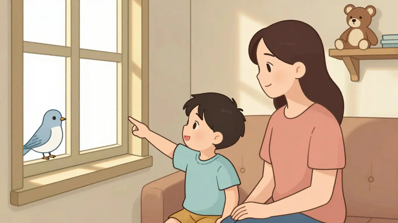 Dítě ukazuje na ptáka za oknem, matka ho pozoruje s mírnou úsměvem v klidném pokoji.