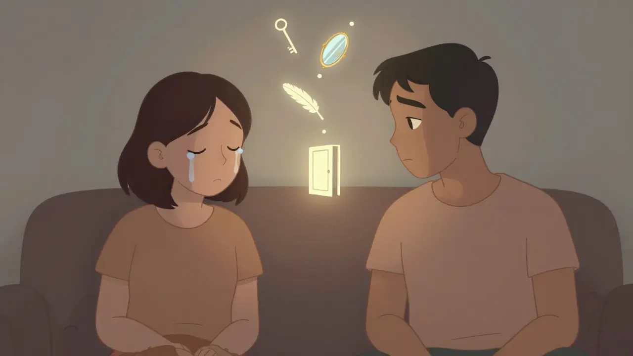 Dva lidé na kanapé — jeden pláče, druhý poslouchá; mezi nimi plavou symboly objevování sebe sama.