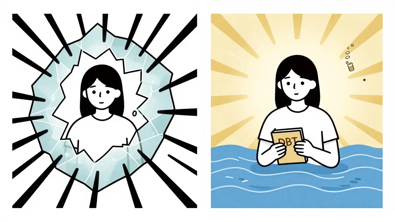 Dvě scény: jedna s chaotickými čárami, druhá s klidnými vlnami, pacient drží sešit DBT.