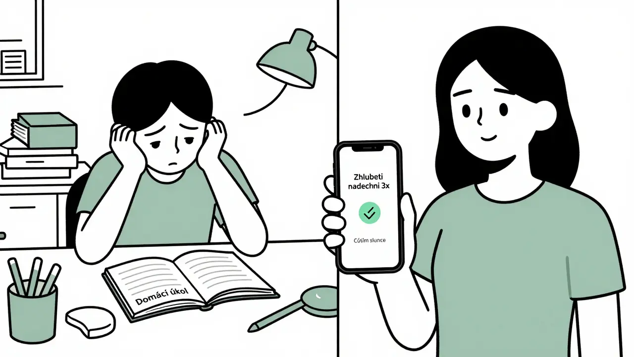 Dvě scény: jedna se stresující osobou u prázdného deníku, druhá s klidnou osobou, která cítí slunce.