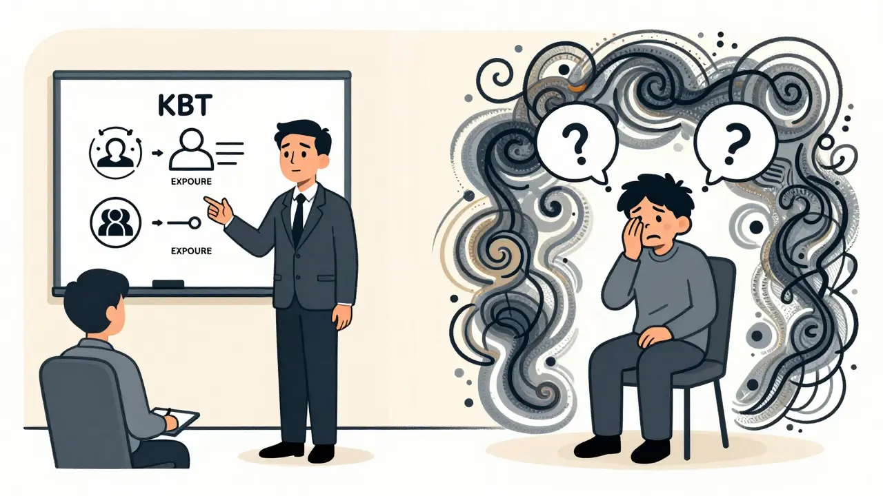 Dvě scény: terapeut vysvětluje KBT na tabuli, klient v jiné scéně je pohltěn emocemi bez struktury.