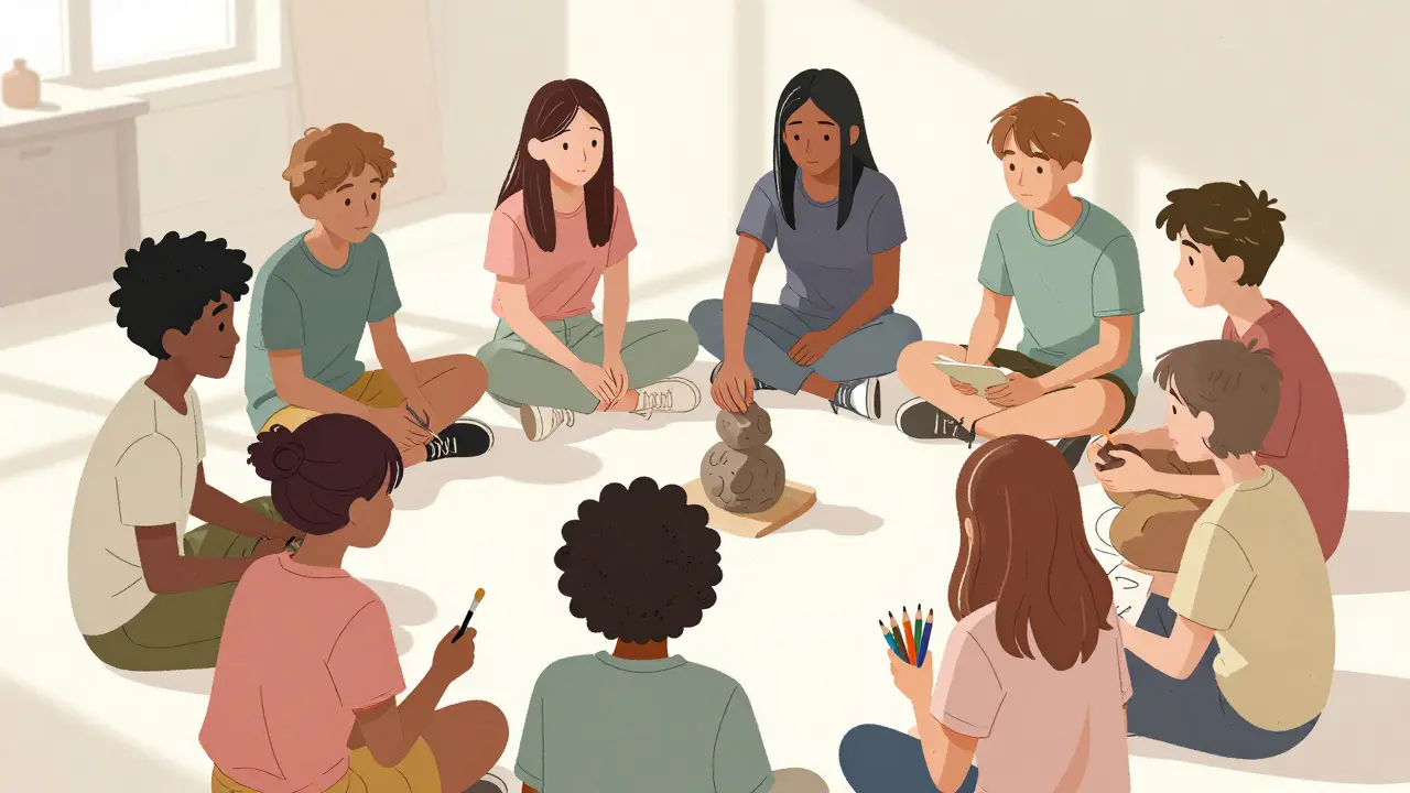 Group of teens creating art together in a circle, each with different materials.