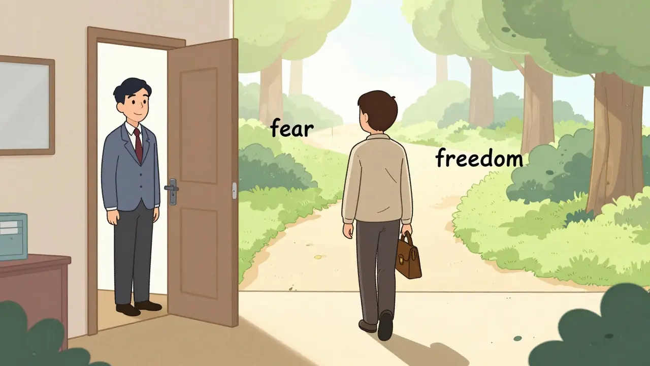 Klient odchází z terapie, za ním zůstává dveře, před ním vede cesta lesem.