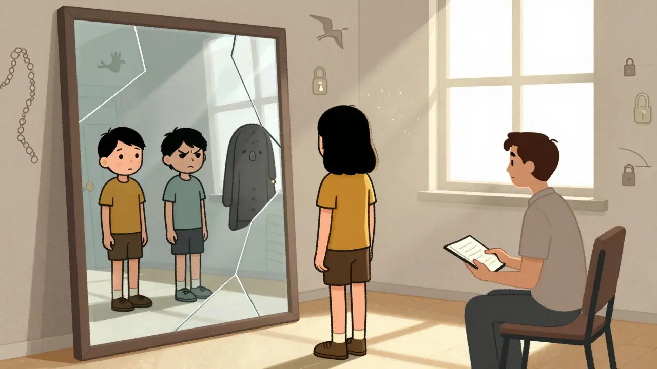 Klient se dívá do zrcadla, kde vidí různé verze sebe sama, terapeut sedí tichý.