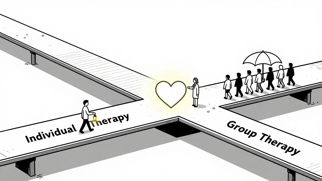 Most spojující individuální a skupinovou terapii, s postavami na cestách a srdcem ve středu jako symbol spojení.