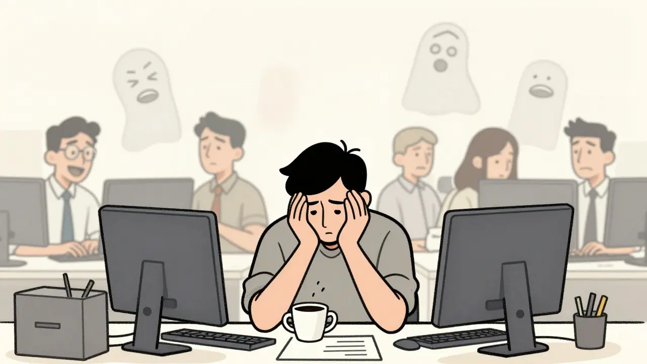 Muž sedí u pracovního stolu, drží šálek kávy, kolem něj lidé běžně pracují, jeho mysl je zatížena neviditelným tlakem.