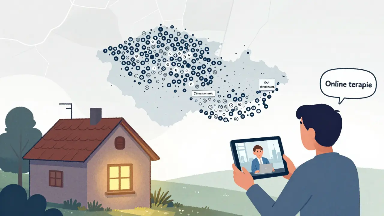 Online terapie z venkova s akreditovaným odborníkem na obrazovce.