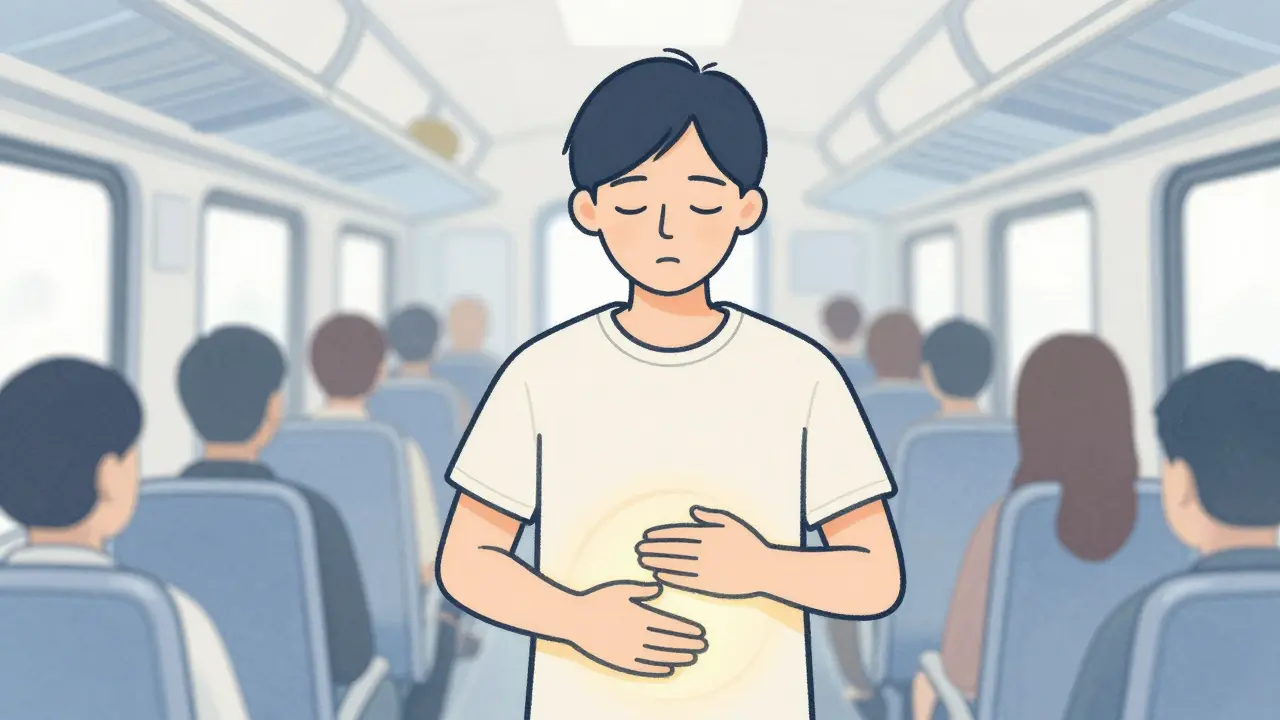 Osoba dýchá v tramvaji s očima zavřenými, symbolicky uklidňující záře kolem břicha.