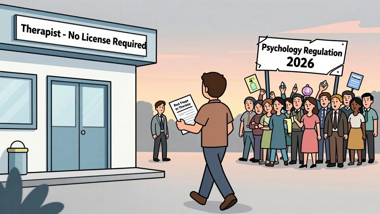 Osoba odchází od budovy terapeutické praxe, drží průvodce červenými vlajkami, zatímco za ní se prodávají podivné terapeutické balíčky.