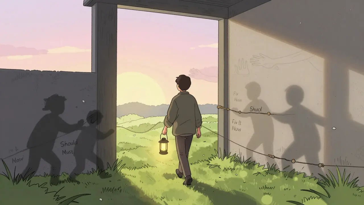 Osoba opouští tmavý chodby do slunečné louky, nesouc jen zhasnutou lampu.