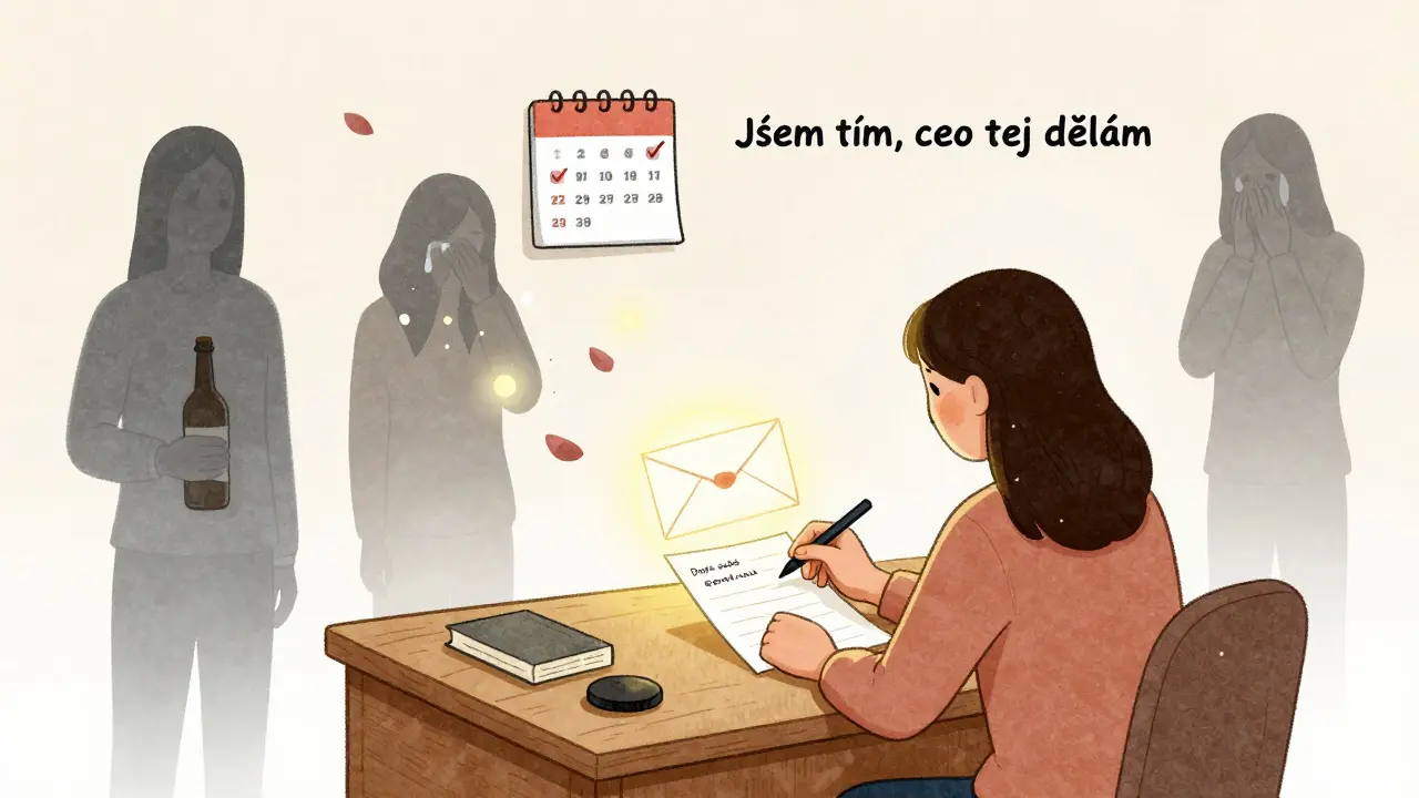 Osoba píše dopis sobě, zanikající stíny minulosti se mění v lýsky a světlo.