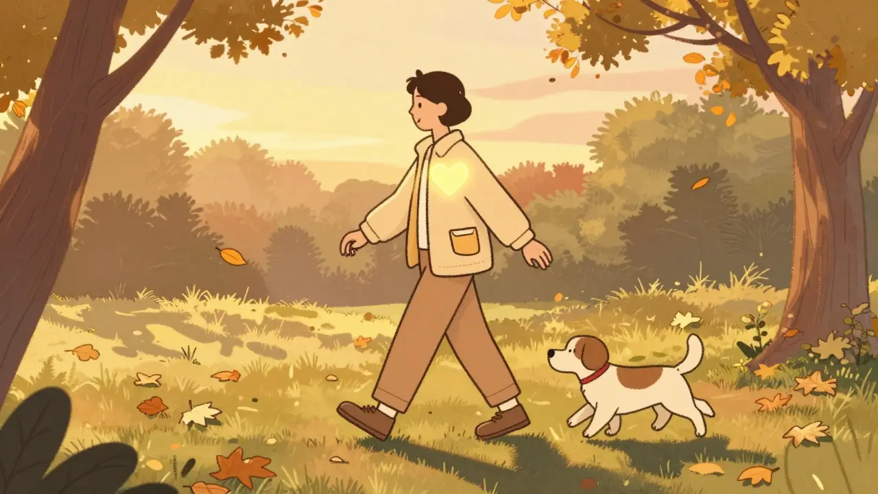 Osoba prochází parkem při západu slunce s psem, značka klidu v jejím těle.