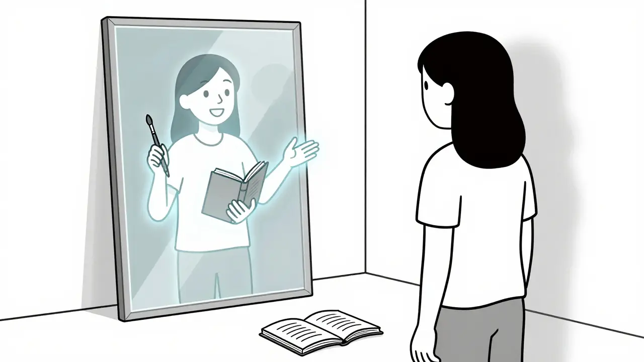 Osoba se dívá do zrcadla, ale vidí svou skutečnou podobu s nástroji pro život, zatímco starý obraz mizí.