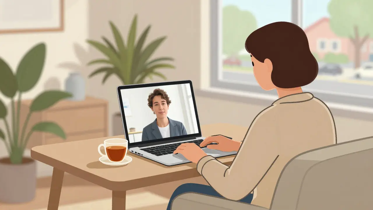 Osoba si dělá online terapii doma v klidném prostředí s šálkem čaje.