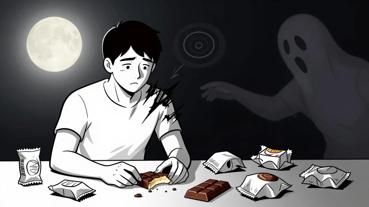 Osoba v noci mezi balíčky jídla, jedna polovina těla kontrolní, druhá rozpadlá.