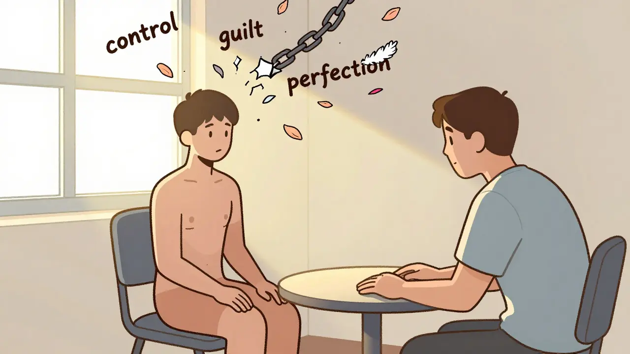 Osoba v terapii, její tělo se mění z ostrých tvarů na měkké, řetězy se rozpadají.