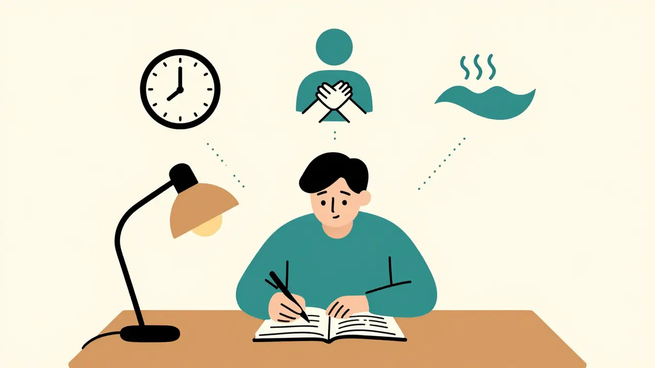 Osoba zapisuje do deníku pod lampou, kolem ní plavou ikony času, podpory a dýchání.