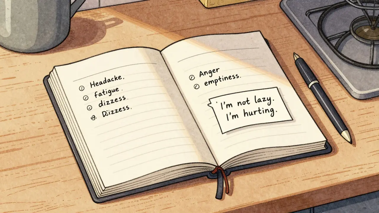 Otevřený deník na kuchyňském stole s seznamem fyzických a emocionálních příznaků, slunce osvětluje zápisek &#039;Nechci být líný, cítím se bolavě.&#039;