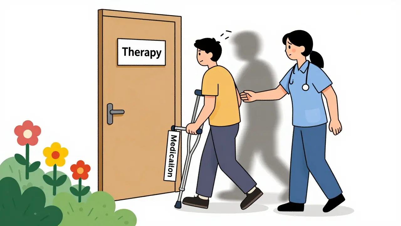 Pacient používá berle léků, aby prošel dveřmi terapie a dosáhl růstu.