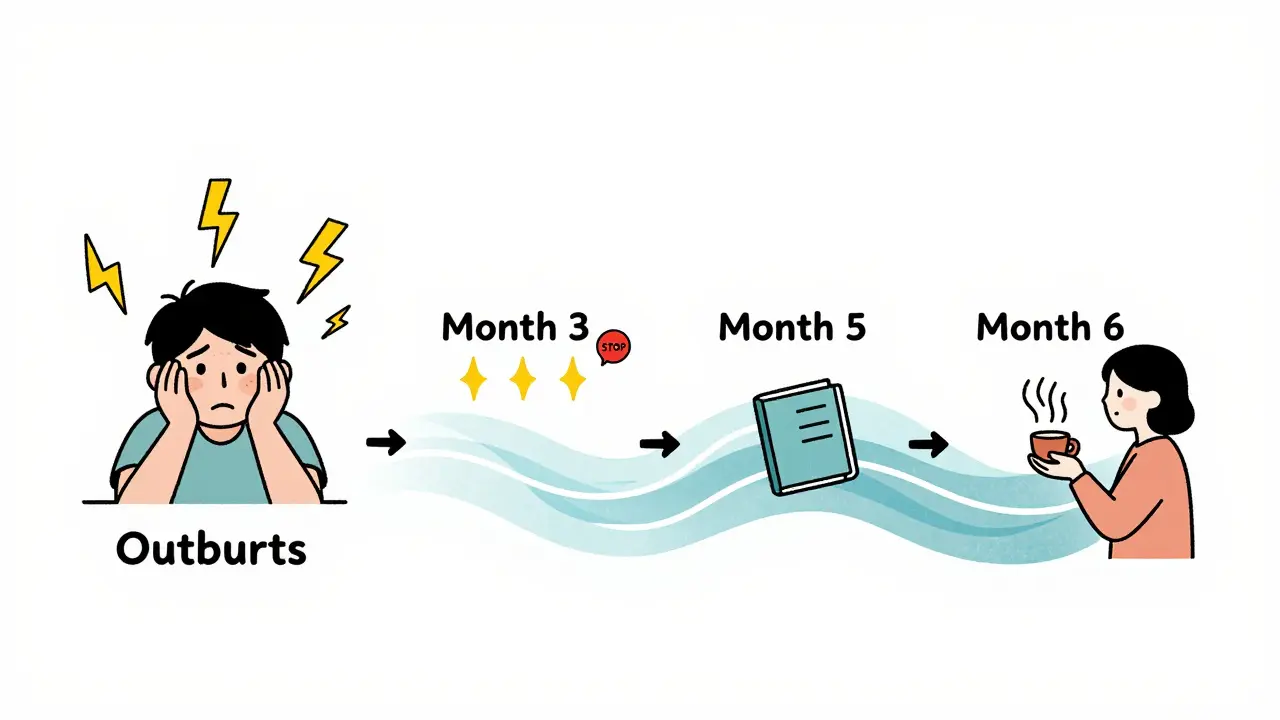 Postupné zlepšování regulace emocí během šesti měsíců terapie.