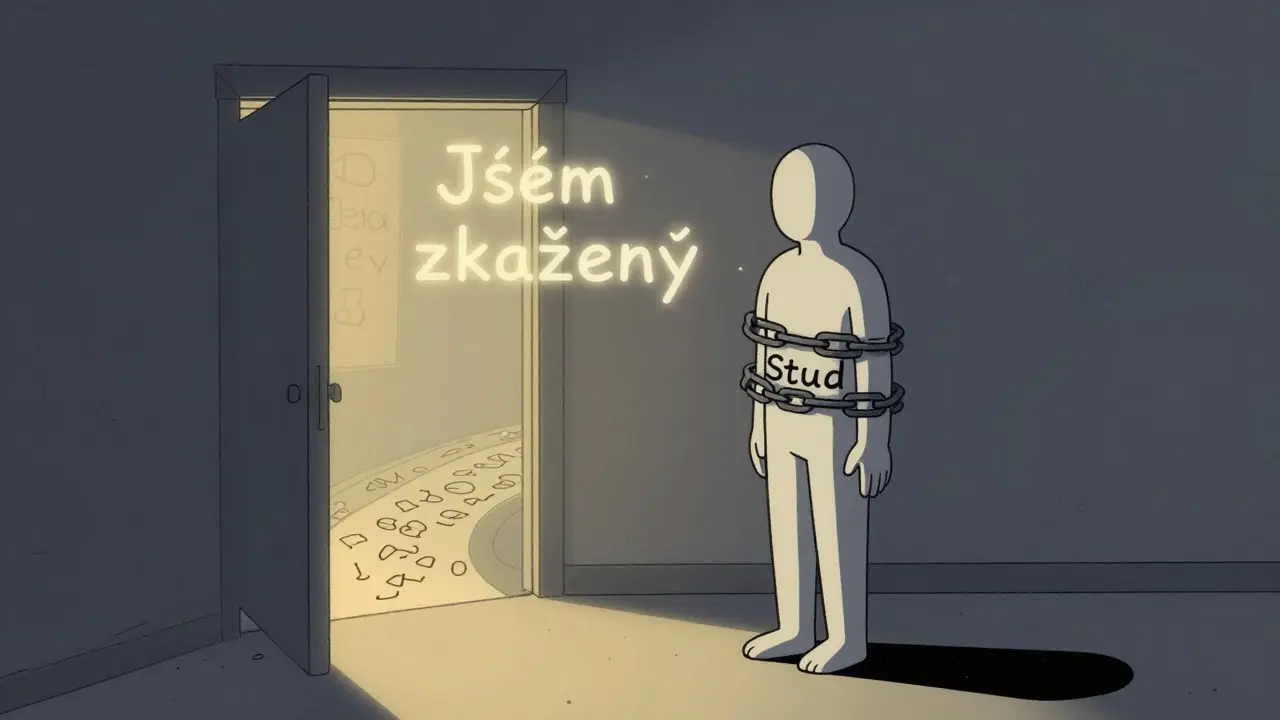 Práce se studem v léčbě závislosti: Jak se k sobě přijmout skrze emocionální přiznání
