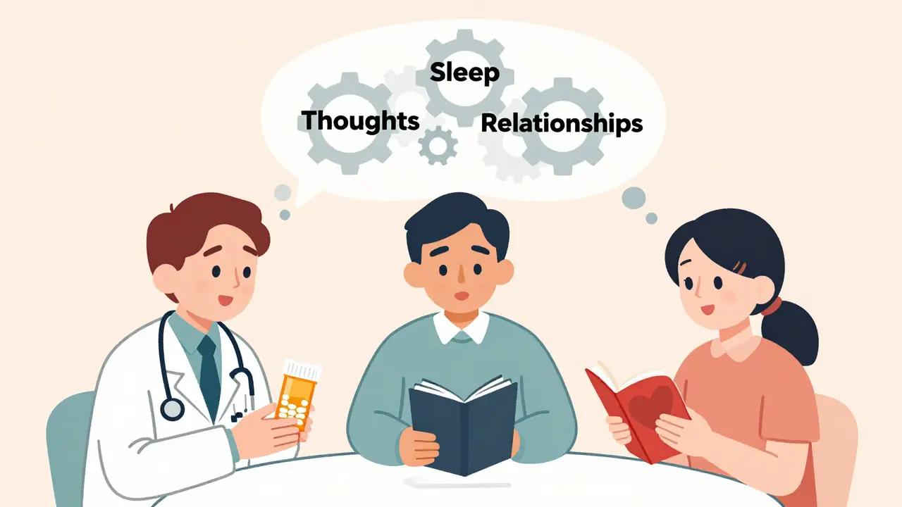 Psychiatr, psycholog a pacient společně diskutují o koordinované léčbě psychického zdraví.