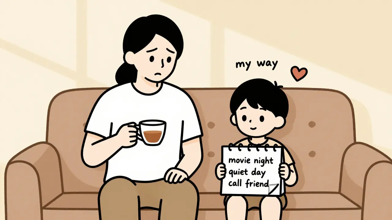 Rodič a dospělé dítě sedí na gauči, dítě má kalendář s vlastními rozhodnutími.