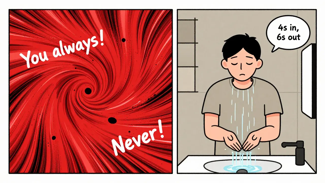 Rozdíl mezi emoční bouří a klidným dýcháním ve sprše.