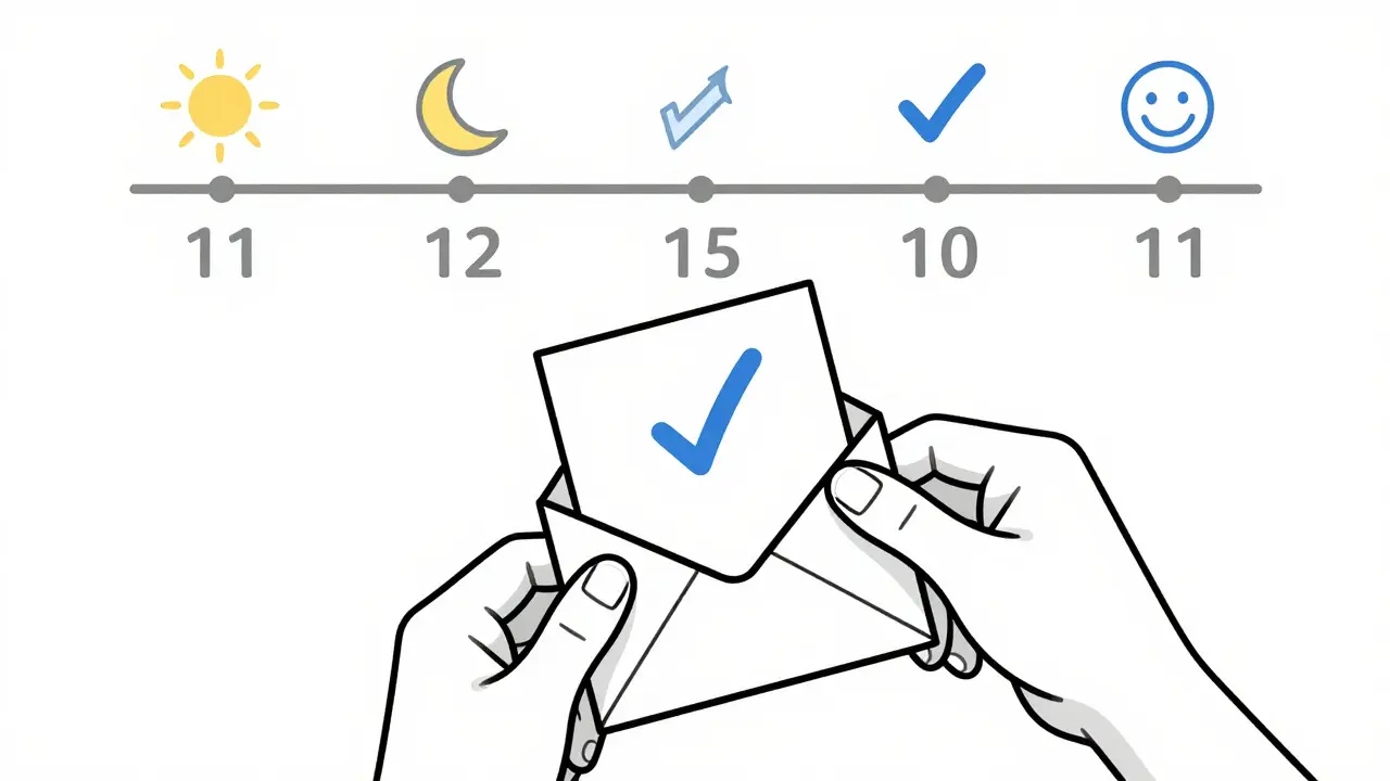 Ruka vkládá malý cíl do obálky a otevírá ji ráno a večer, s ikonami slunce a měsíce, symbolizující malé, ale pravidelné kroky.