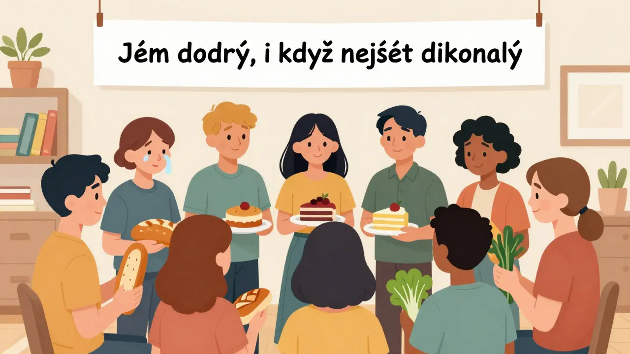 Skupina lidí drží různé potraviny bez soudů, nad nimi banner: 'Jsem dobrý, i když nejsem dokonalý'.