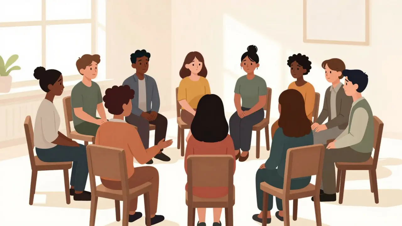 Skupina lidí sedí v kruhu, jeden z nich pláče, druhý protahuje ruku — terapeut pozoruje z boku.