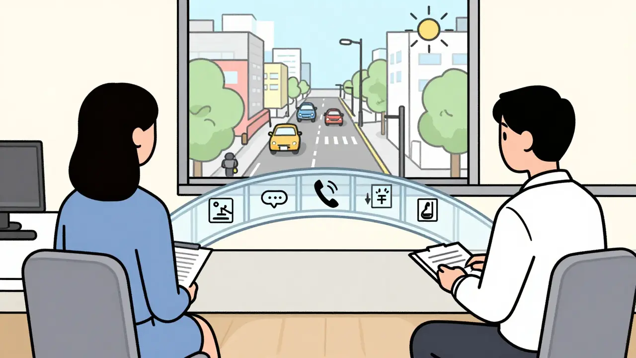 Terapeut a klient jsou spojeni mostem, který vede do reálného života s malými symboly úkolů.