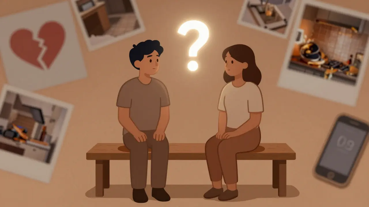 Terapeut a klient sedí vedle sebe, mezi nimi svítí otazník, bez slov a rad.