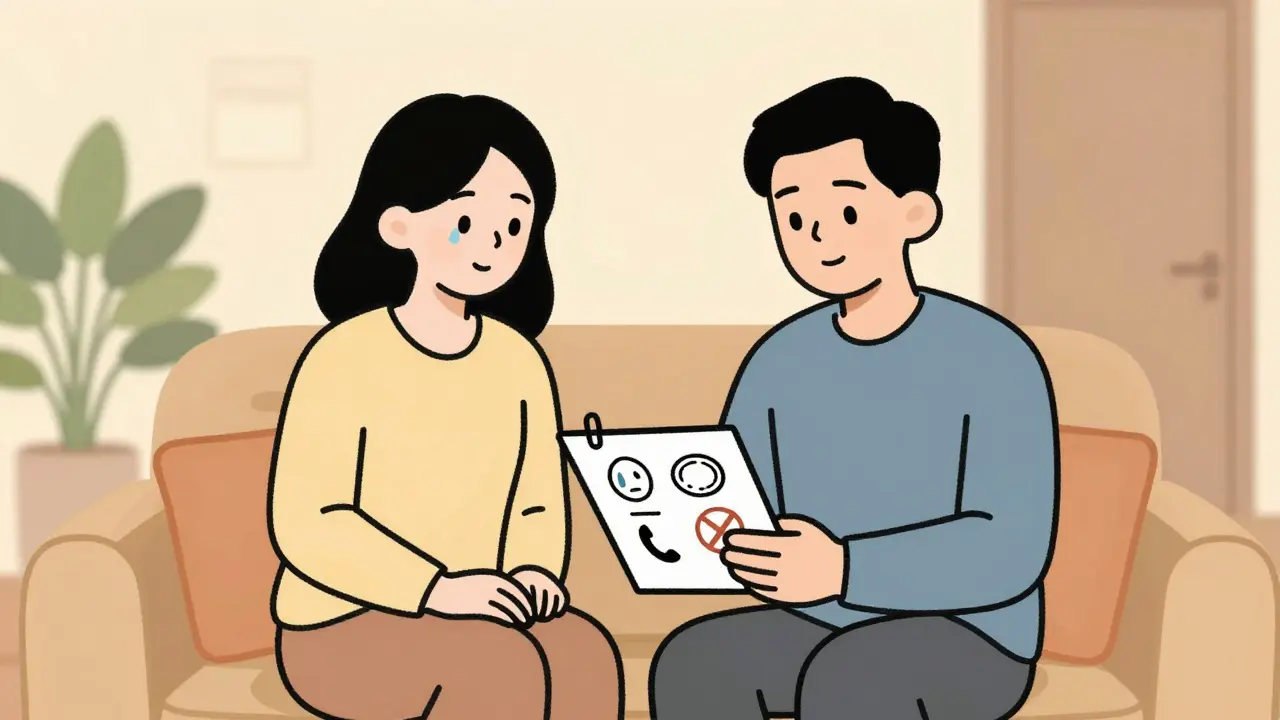 Terapeut a pacient společně procházejí deník s emotivními ikonami v klidném prostředí.