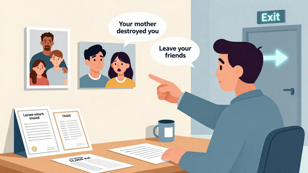 Terapeut ukazuje na rodinnou fotografii, zatímco klient vypadá šokovaně, kolem jsou neakreditované certifikáty a ceník rituálů.