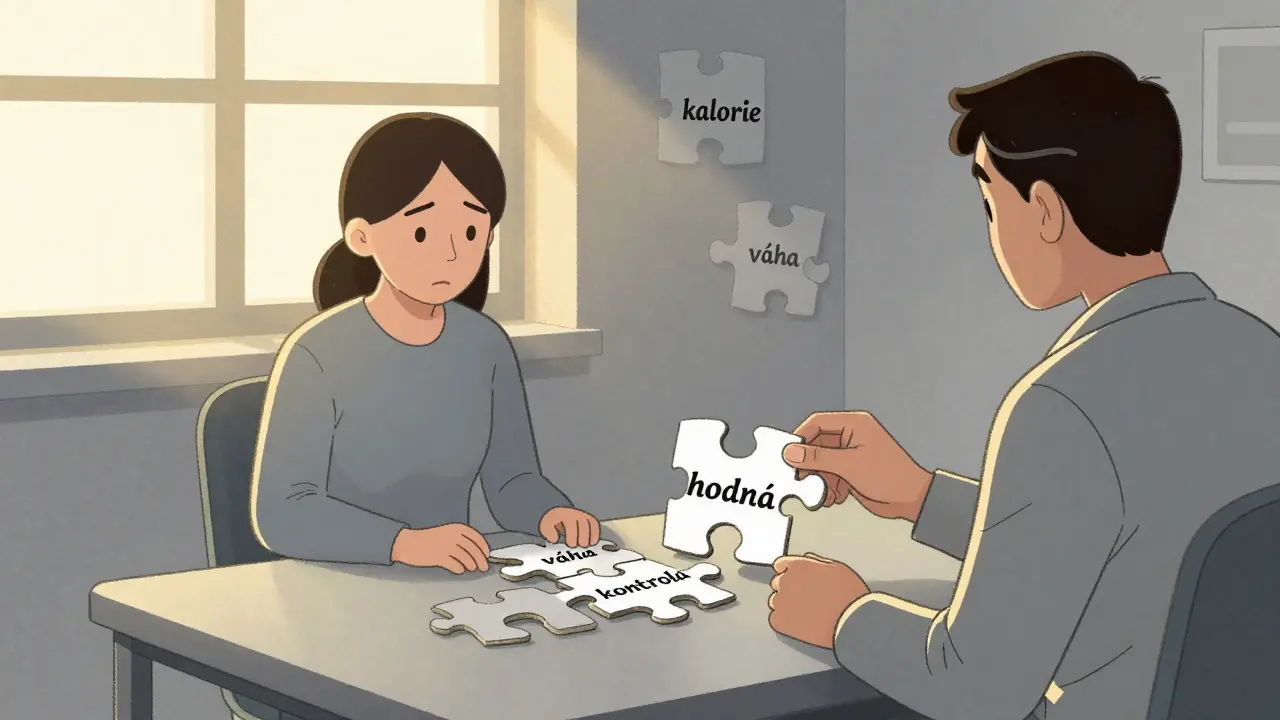 Terapeutická sezení s fragmenty hlavních myšlenek, které se přesouvají do nového vztahu k sobě samotné.