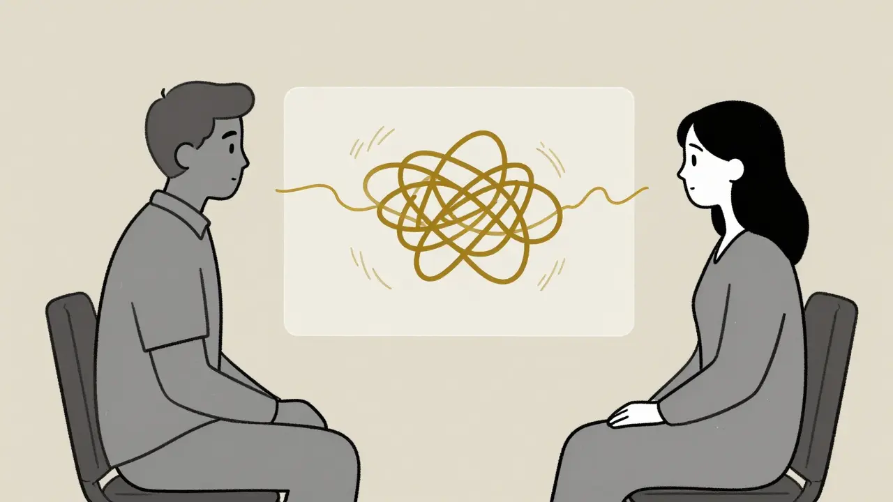 Therapist and parent separated by floating artwork of an unraveling knot.