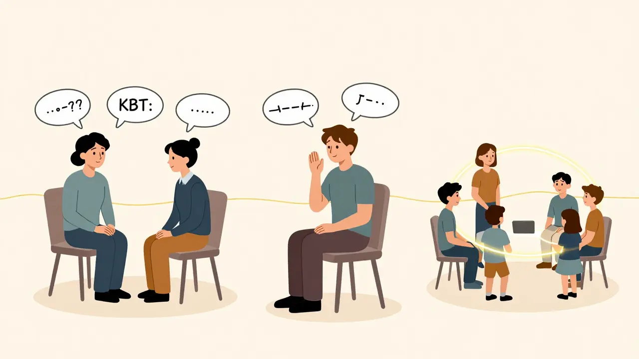 Tři lidé v různých terapeutických scénách, spojení zlatou nití, symbolizující osobní pravdu.