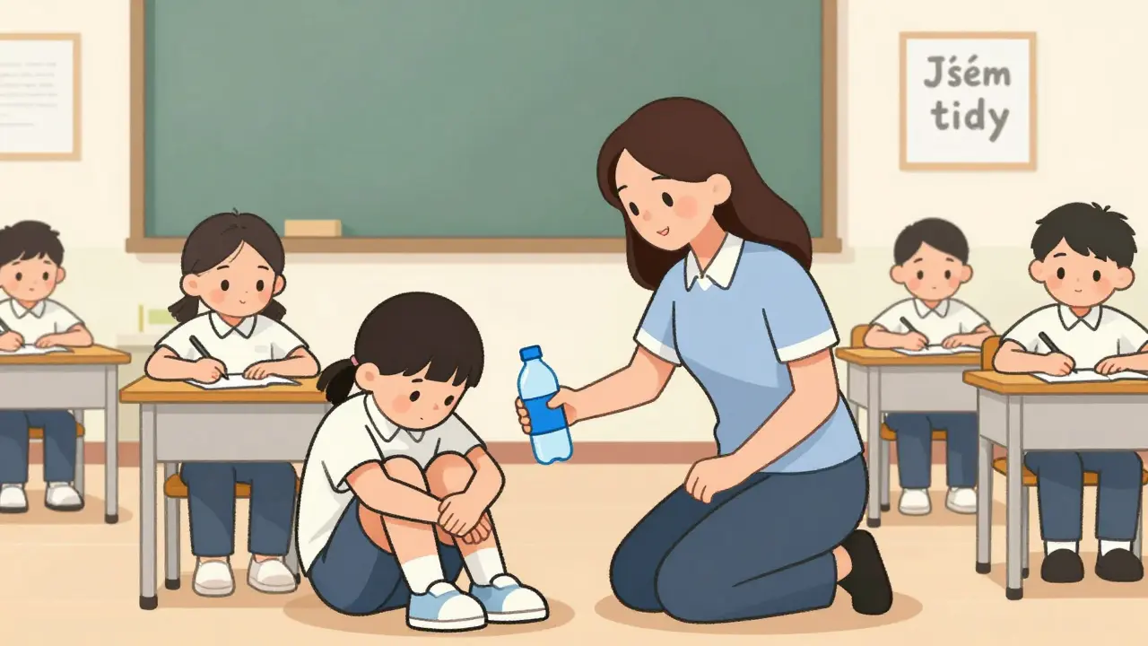 Učitelka pomáhá žákovi ve třídě, který se stáhl do kouta, s klidnou a podporující atmosférou.