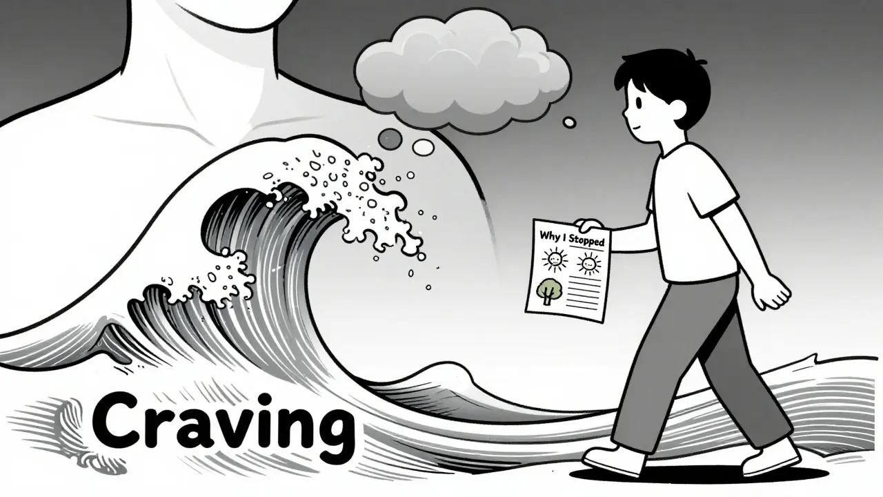 Vlna cravingu klesá, když osoba drží seznam důvodů, proč přestala — dítě, slunce, strom.