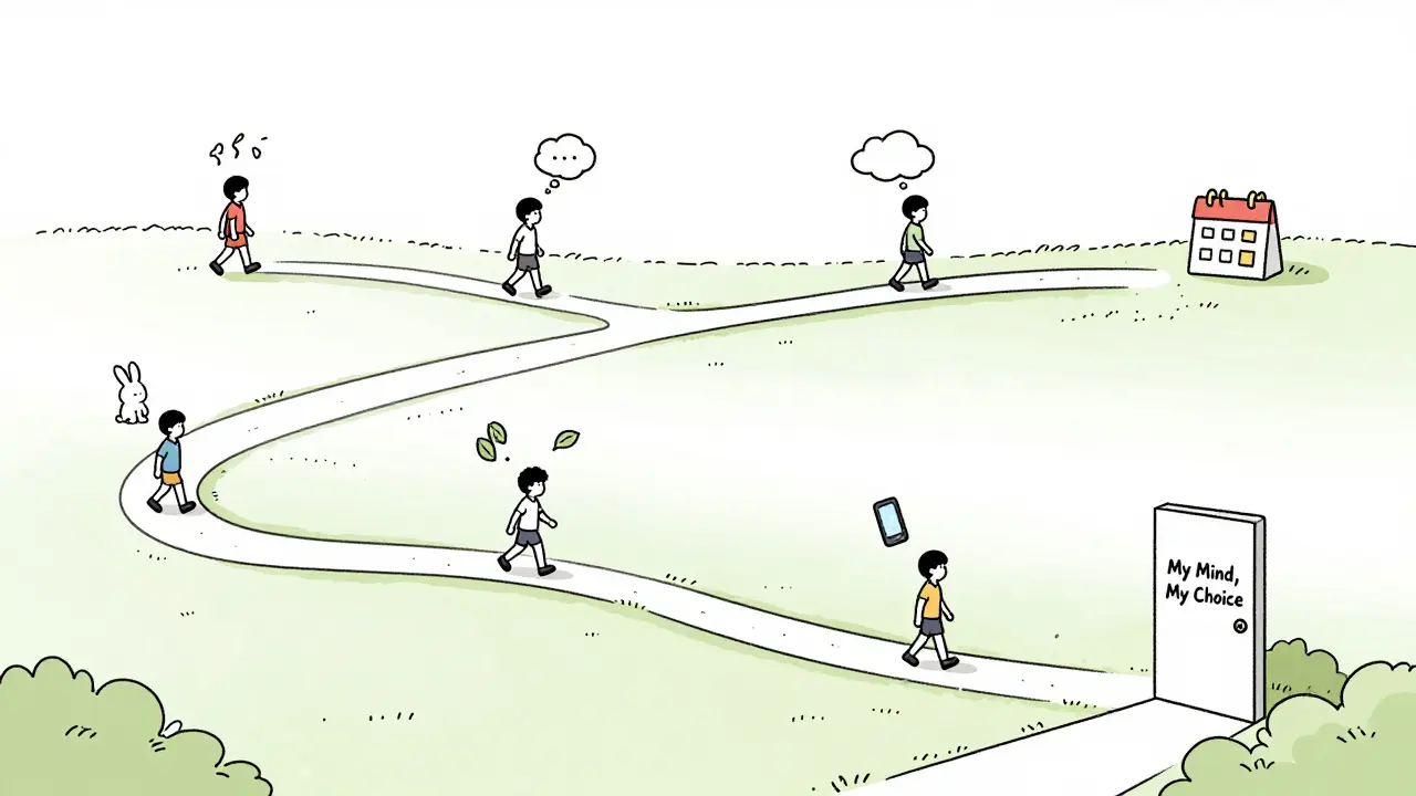 Cesta osmi týdny mindfulness pro ADHD, s ikonami každého týdne a klidným průvodcem.