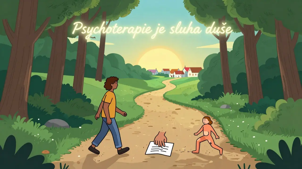 Člověk na cestě k celkovému zdraví, kde každý krok představuje jinou terapeutickou metodu.