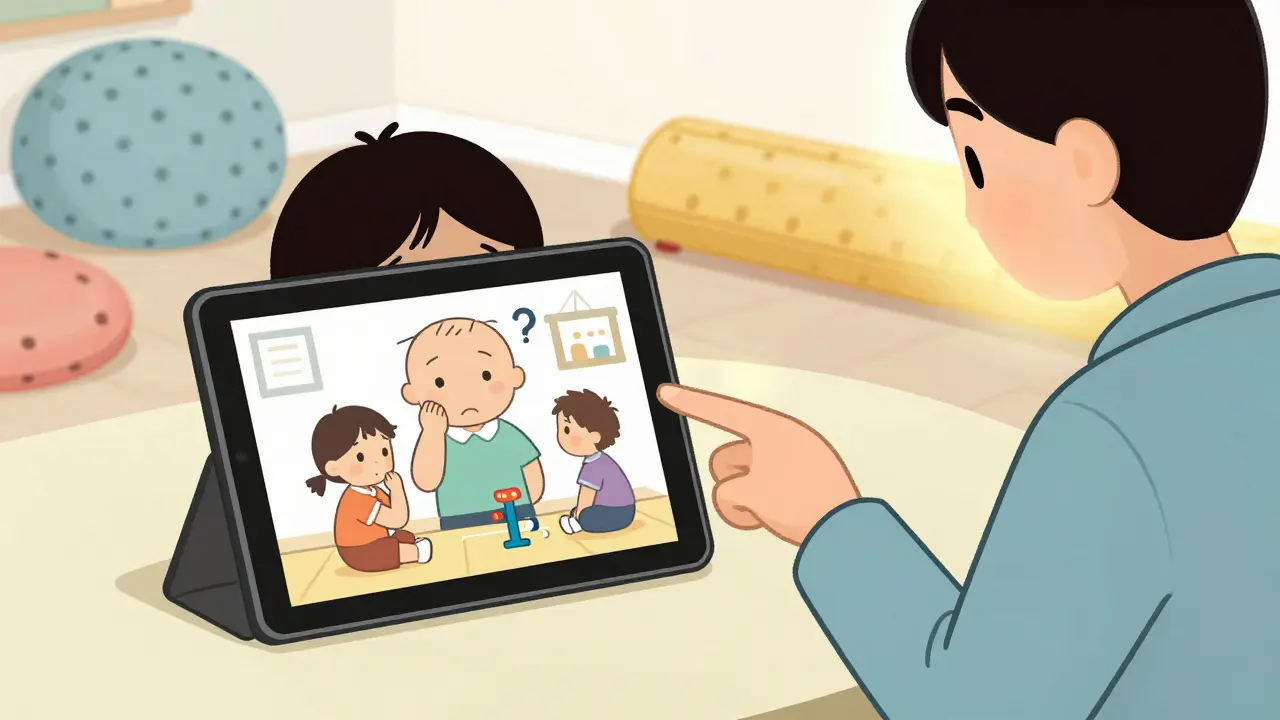Dítě sleduje video na tabletu, terapeut ukazuje na obrazovku s jemným gestem.